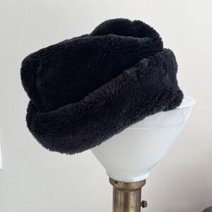 90s Vintage Faux Fur Bucket Hat Black Satin Lined Whimsigoth Womens One/Size